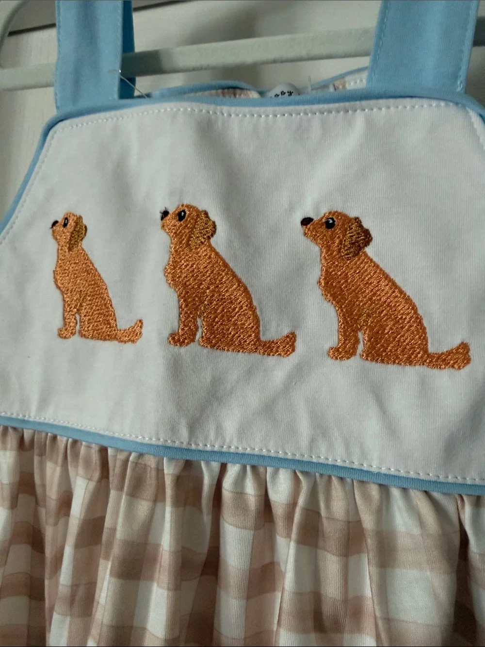 Girls Light Blue & Tan Check Dog Embroidered Matching Set